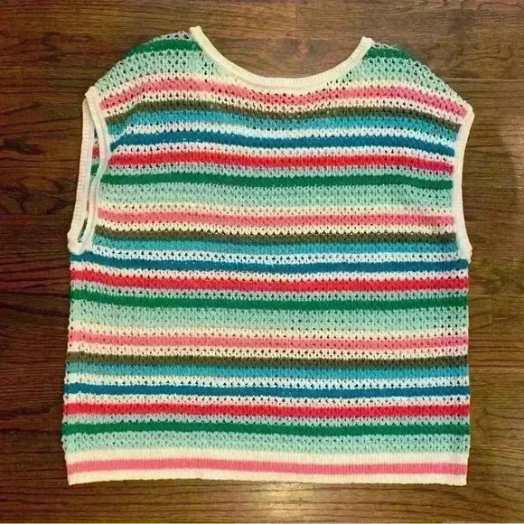 Talbots Rainbow Striped Crochet Looseknit Crewneck Pullover Preppy Vest Size 2X - Picture 4 of 6